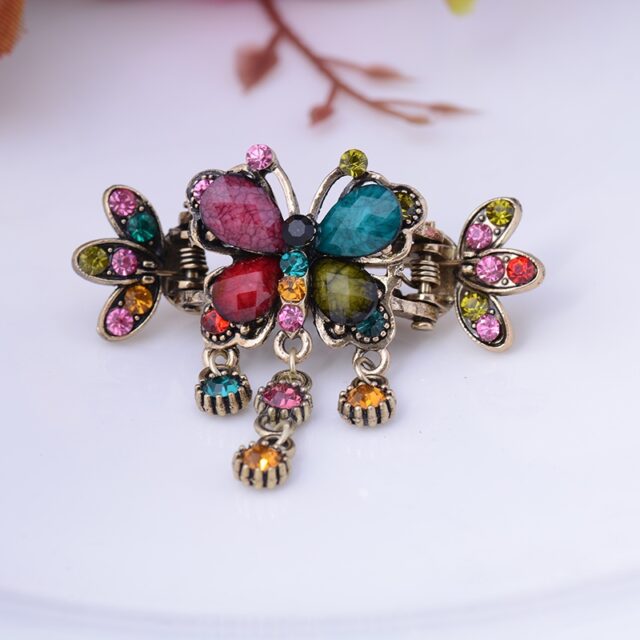 Multicolor Antique Bronze Metal Rhinestone Butterfly Hair Clip Claw