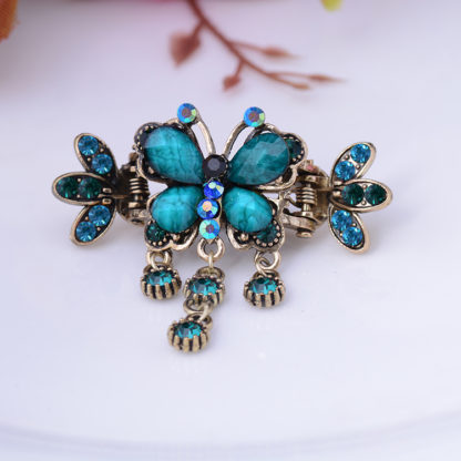 Blue Antique Bronze Metal Rhinestone Butterfly Hair Clip Claw
