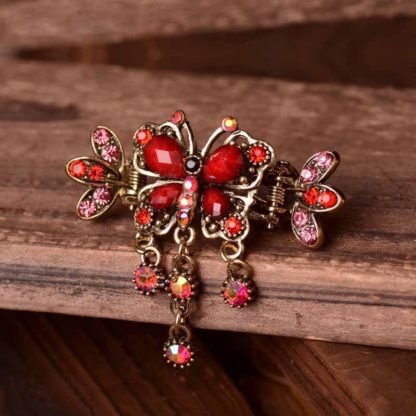 Red Antique Bronze Metal Rhinestone Butterfly Hair Clip Claw Main