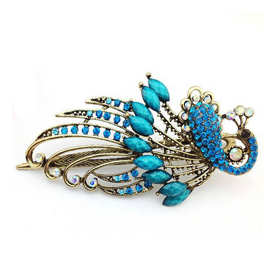 Peacock Hair Pin Metal and Rhinestones Blue