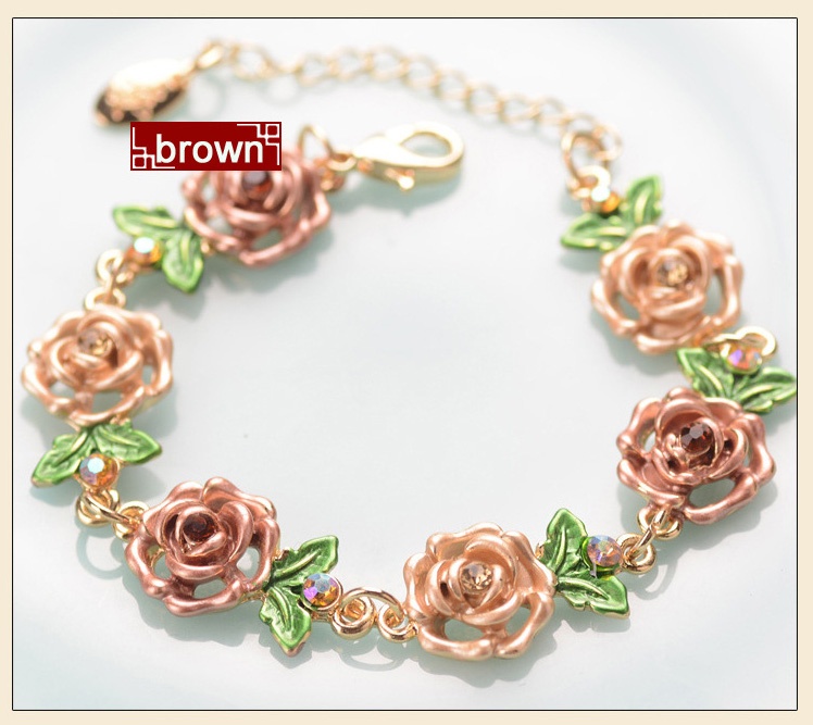 Chinese Metal Painted Flowers Charm Bracelet Brown