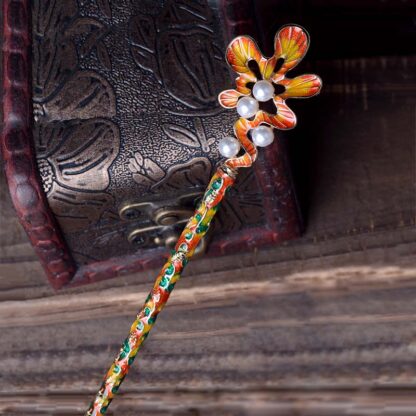 Orange and Green Scalloped Oak Leaf Enameled Metal Hairpin