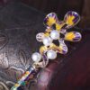 Purple and Yellow Scalloped Oak Leaf Enameled Metal Hairpin