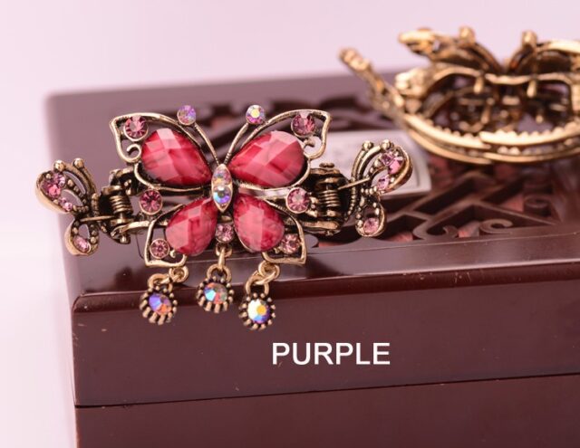 Purple Antique Rhinestone Butterfly with Outline Metal Hair Clip Claw