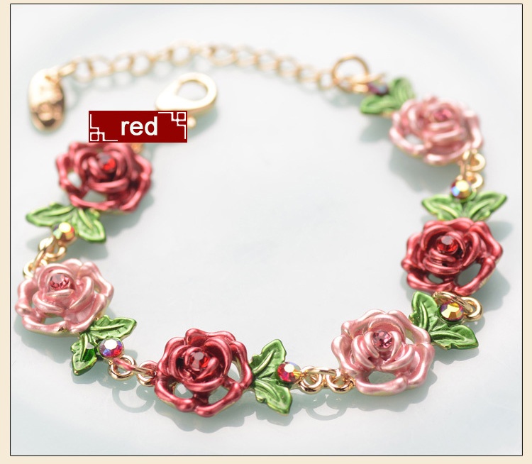 Chinese Metal Painted Flowers Charm Bracelet Red