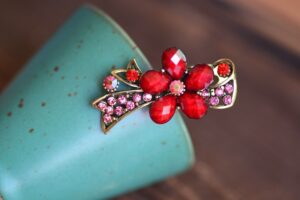Red Metal Mini Hair Clip five Petal with Ribbon