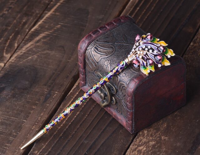Purple and Yellow Enameled Cloisonne Hair Pin