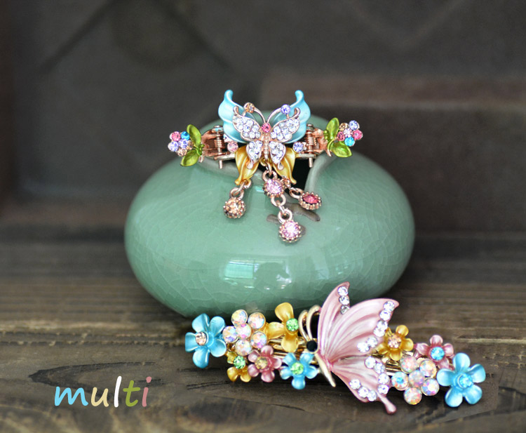 Two Piece Set Painted Butterfly Barrette and Hair Clip Multi