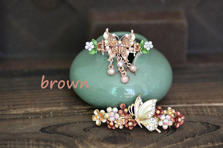 Two Piece Set Painted Butterfly Barrette and Hair Clip Brown