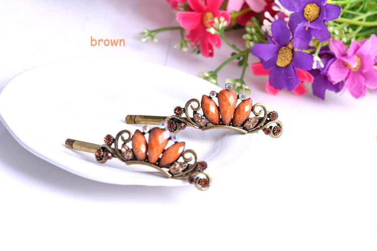 Three Stone Hair Metal Bobby Pins Antique Finish Set of Two. Brown