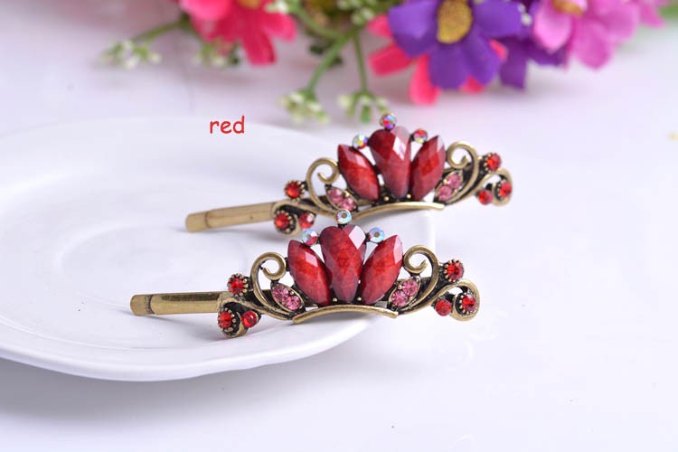 Three Stone Hair Metal Bobby Pins Antique Finish Set of Two. Red