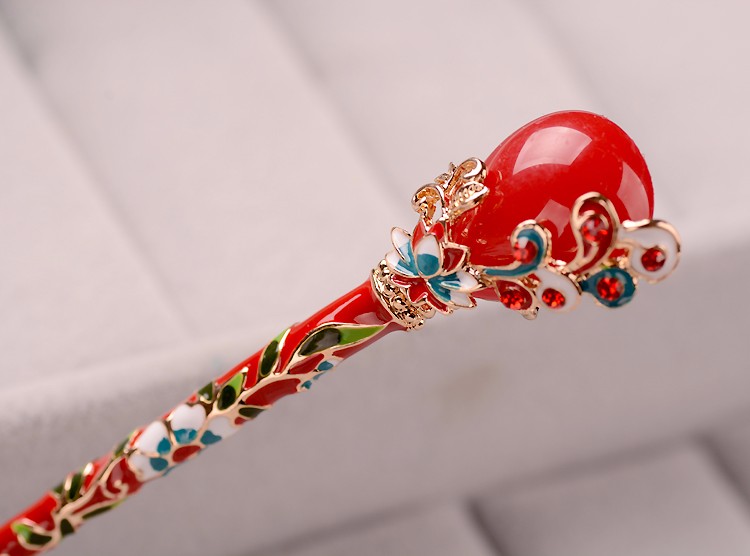 Asian Enameled Hair Stick Vintage Hairpin Jewelry Red