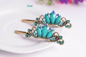 Blue Three Rhinestone Metal Bobby Pins Two Piece Set