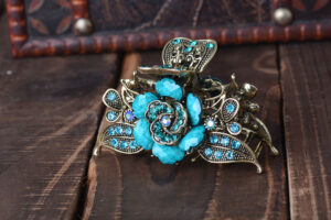 Blue Antique Rose Rhinestone Metal Hair Claw