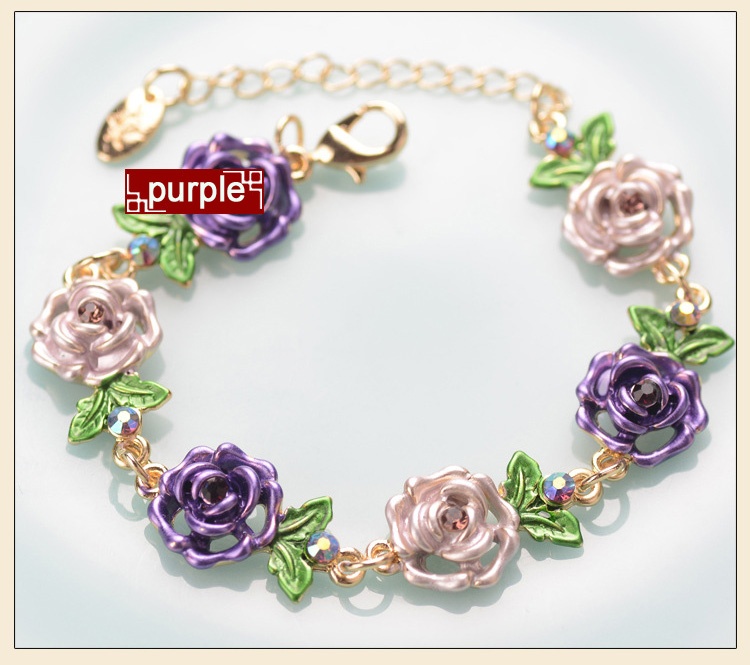 Chinese Metal Painted Flowers Charm Bracelet Purple