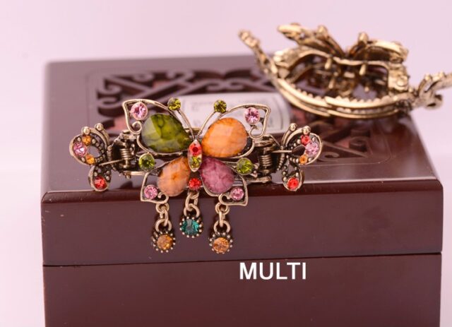 Multicolor Antique Rhinestone Butterfly with Outline Metal Hair Clip Claw