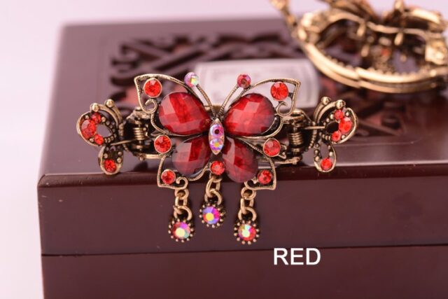 Red Antique Rhinestone Butterfly with Outline Metal Hair Clip Claw