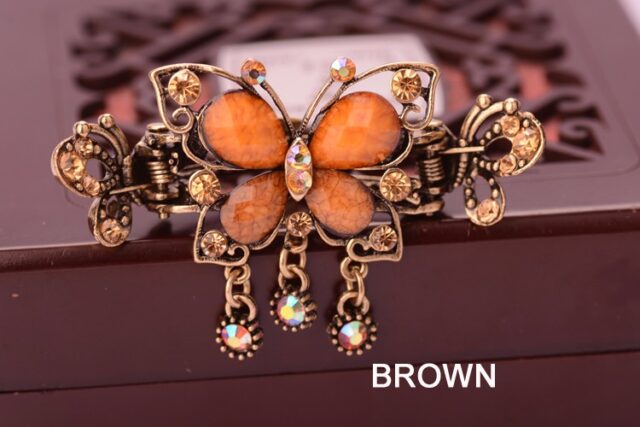 Brown Antique Rhinestone Butterfly with Outline Metal Hair Clip Claw