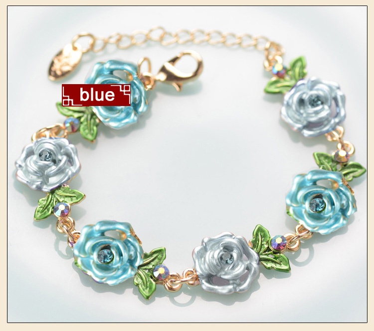 Chinese Metal Painted Flowers Charm Bracelet Blue