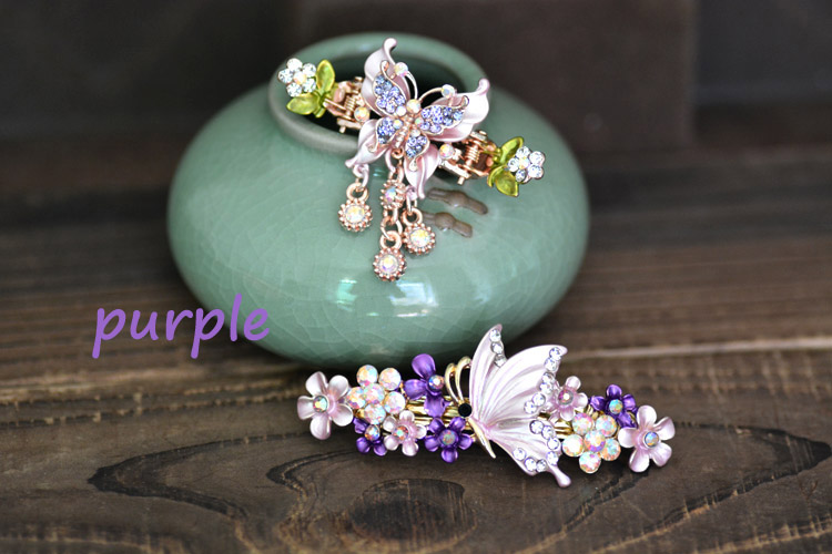 Two Piece Set Painted Butterfly Barrette and Hair Clip Purple