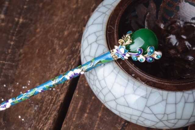 Blue and Green Enameled Hairpin Resin Drop