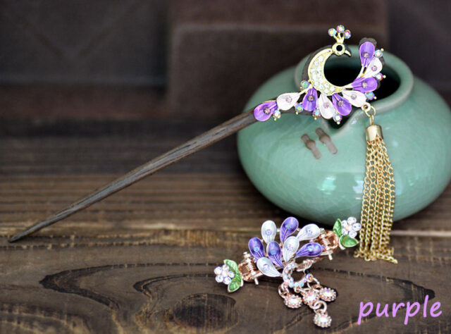 Purple Painted Peacock Hairpin and Hair Clip set Meta