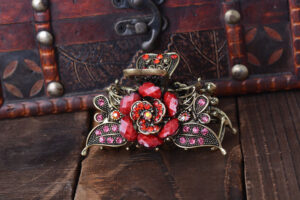 Red Antique Rose Rhinestone Metal Hair Claw