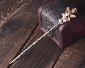 Purple & Yellow Scalloped Oak Leaf Enameled Metal Hairpin