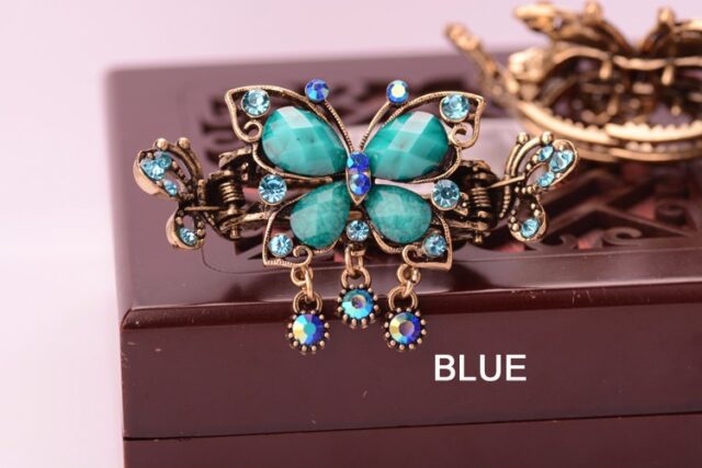 Blue Antique Rhinestone Butterfly with Outline Metal Hair Clip Claw