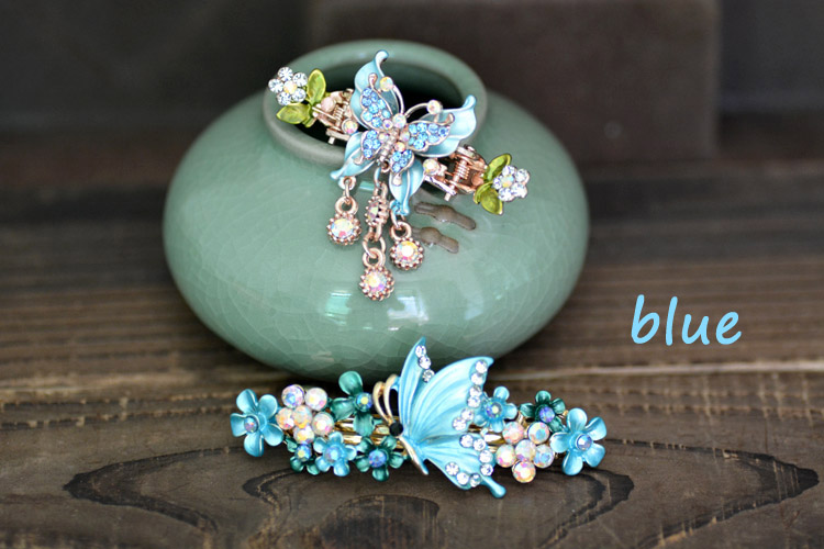 Two Piece Set Painted Butterfly Barrette and Hair Clip Blue