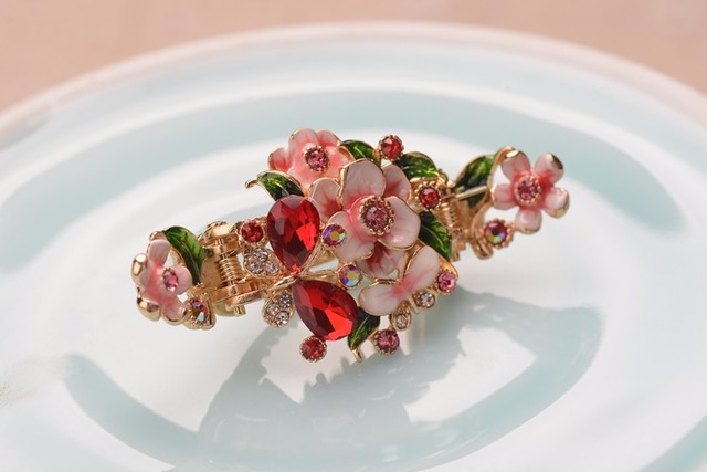 Enameled Painted Flower And Rhinestone Butterfly Hair Clip Red