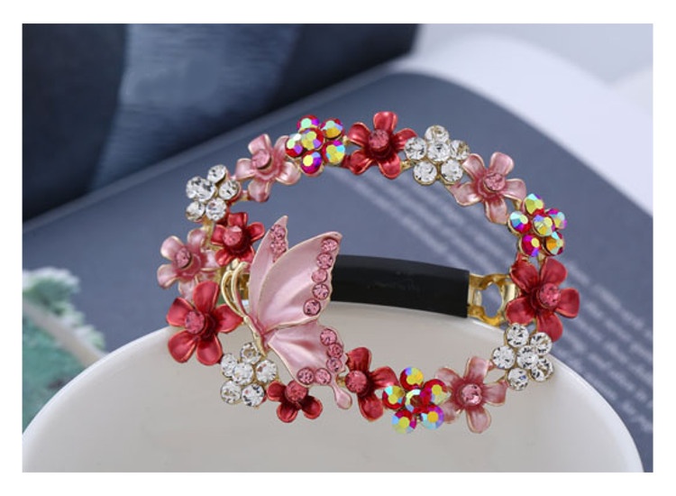 Painted Butterfly And Flowers Open Center Metal Hair Barrette Red