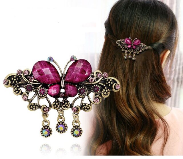 Purple Modeled Rhinstone Butterfly Hair Barrette Metal