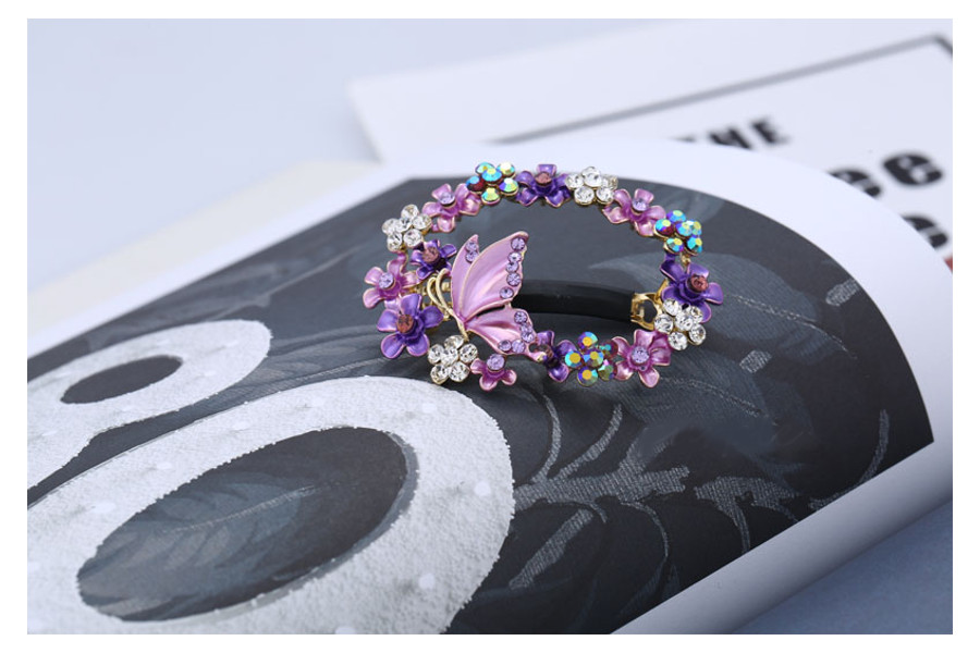 Painted Butterfly And Flowers Open Center Metal Hair Barrette Purple