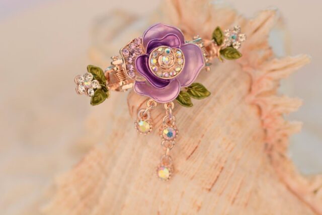 Purple Painted Rose Flower Metal Hair Clip Claw