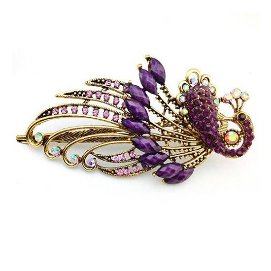 Peacock Hair Pin Metal and Rhinestones Purple