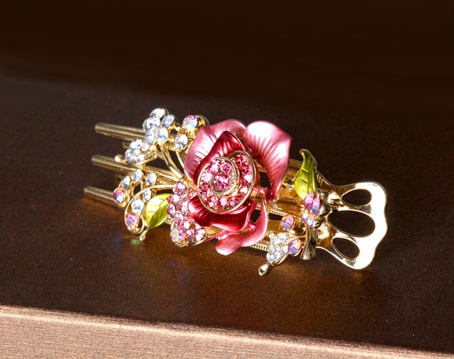 Painted Rose Metal Hair Clip Gold Plated Pink