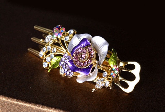 Painted Rose Metal Hair Clip Gold Plated Purple