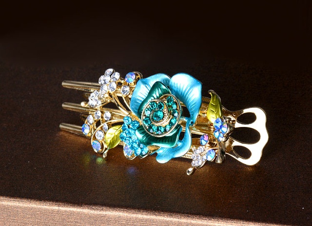 Painted Rose Metal Hair Clip Gold Plated Blue