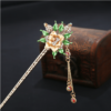 Painted Rose Hair Stick With Leaves And Jeweled Tassels Gold