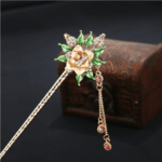Painted Rose Hair Stick With Leaves And Jeweled Tassels Gold