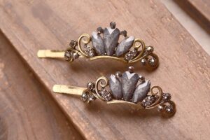 Gray Three Rhinestone Metal Bobby Pins Two Piece Set
