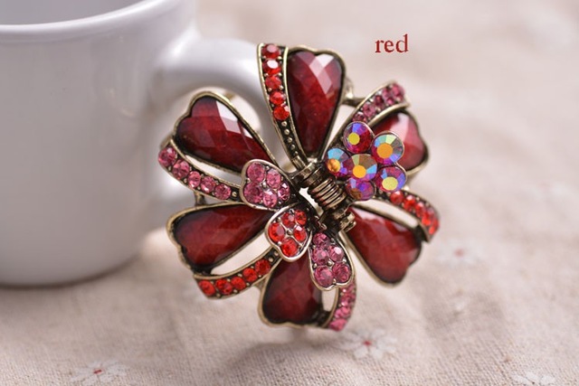 Ribbons And Flowers Hair Claw Antique Finish Metal Red