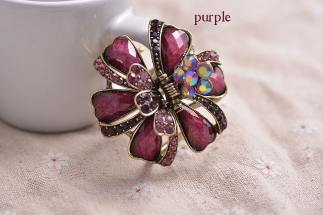 Ribbons And Flowers Hair Claw Antique Finish Metal Purple