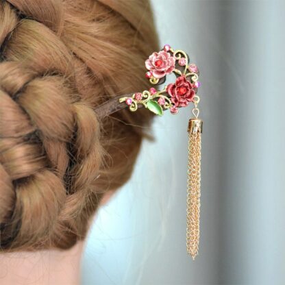 Modeled Wooden Hair Pin Painted Rose Flowers Metal Hairpin