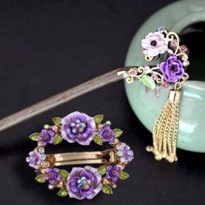 Purple Set Open Center Painted Rose Flowers Hair Barrette and Wooden Hair Pin
