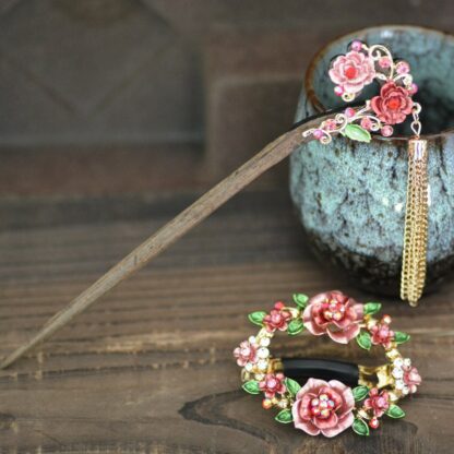 Pink Set Open Center Painted Rose Flowers Hair Barrette and Wooden Hair Pin