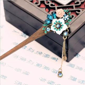 Resin Flower Wooden Hairstick with Colored Jewels
