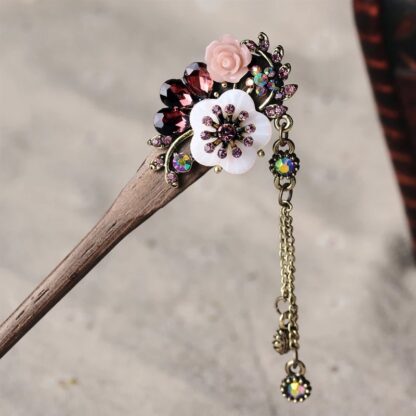 Purple Resin Flower Wooden Hairstick with Colored Jewels