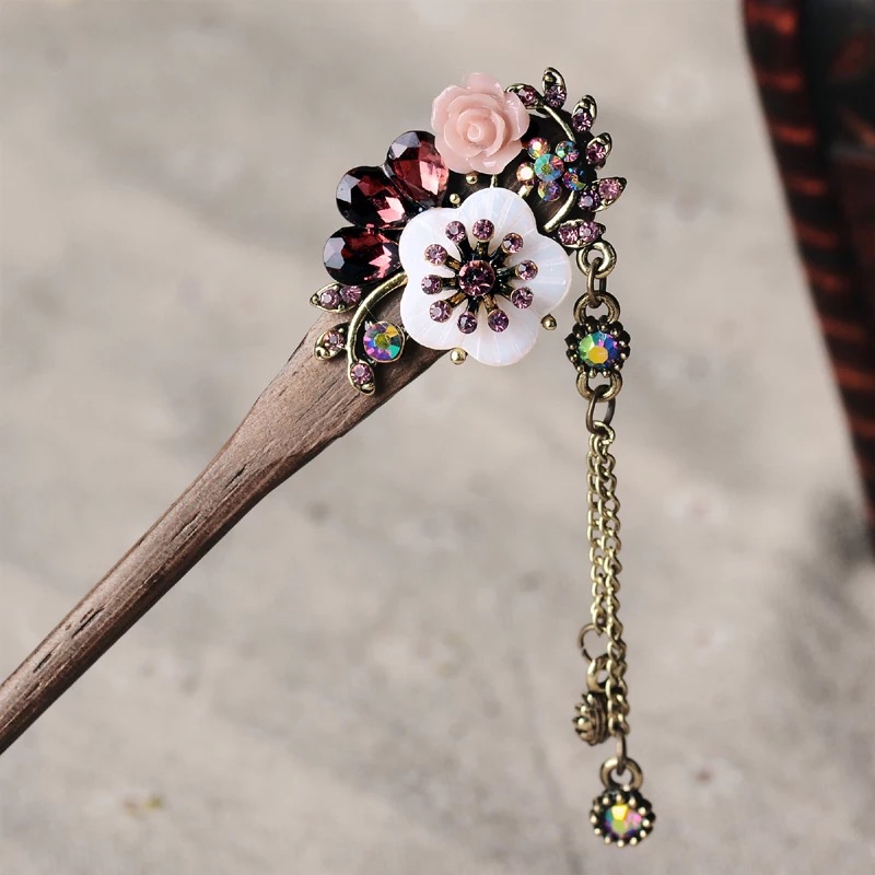 Resin Flower Wooden Hairstick with Colored Jewels Purple
